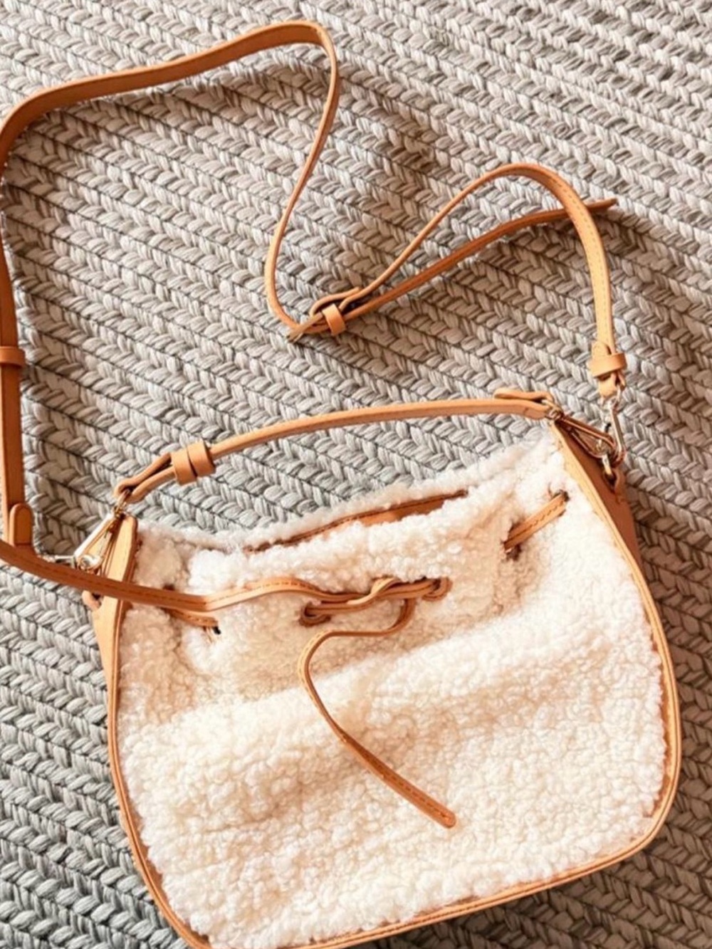 Women’s/ Girls Cream Sherpa Crossbody Bag with Tan Trim